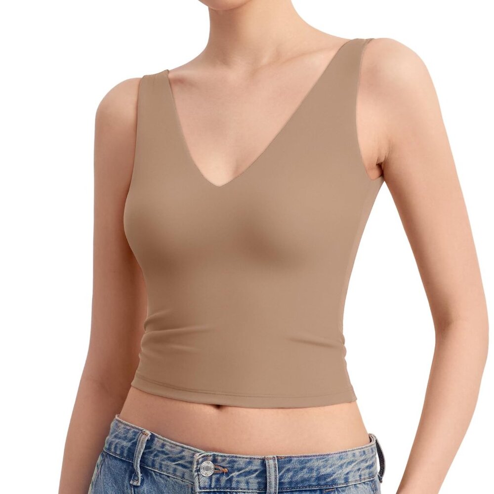 PUMIEY Women's Deep V Neck Sleeveless Tank Top Sexy Double Lined Going Out Tops